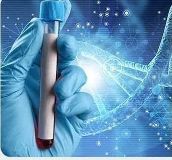 DNA graphic image of a gloved hand holding a blood sample tube