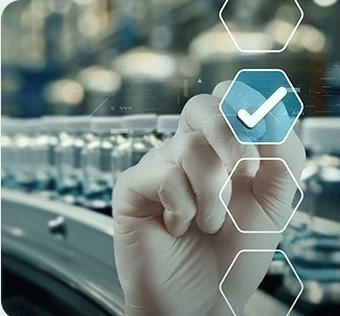 A gloved hand pressing a check mark on a hexagonal interface