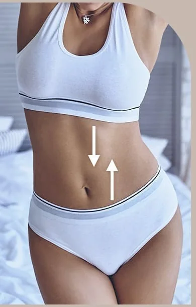 Abdomen photo with up-and-down arrows marking vertical abdominal muscle fixation