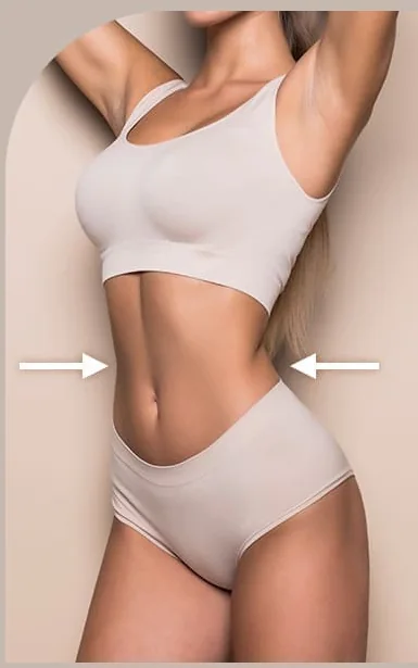 Abdomen photo with left-and-right arrows marking horizontal abdominal muscle fixation