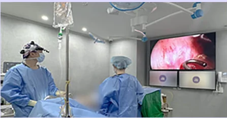 Endoscopic surgery magnified on a 70-inch monitor