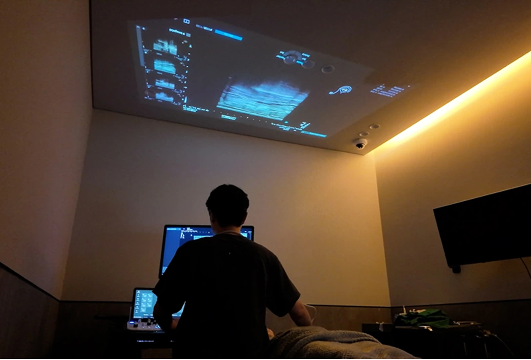 Exam room with ceiling-projection breast ultrasound