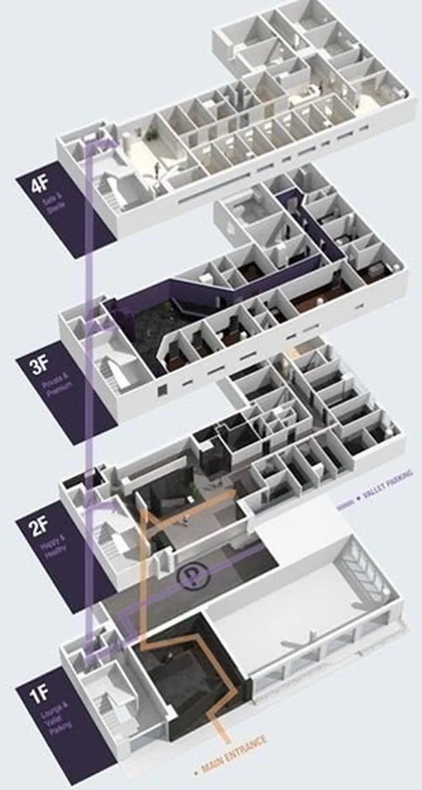 Isometric floor plan of U&U Plastic Surgery Clinic, 1F–4F — 1F lounge and valet parking, 2F consultation and fitting, 3F treatment and premium care, 4F operating rooms