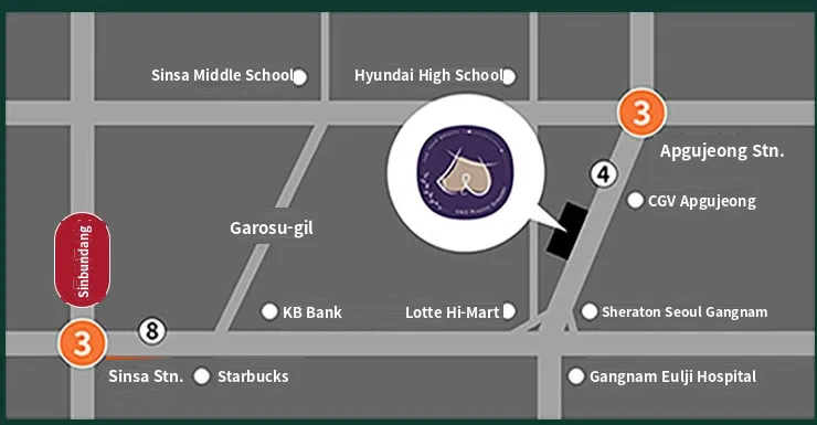 Map to U&U Plastic Surgery Clinic — a 5-minute walk from Apgujeong Station Exit 4, near Garosu-gil