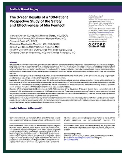 First page of the paper published in Aesthetic Surgery Journal — The 3-Year Results of a 100-Patient Prospective Study of the Safety and Effectiveness of Mia Femtech