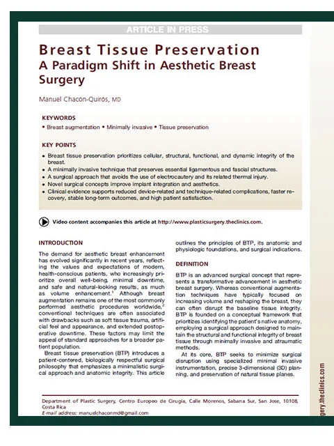 First page of the paper published in Clinics in Plastic Surgery — Breast Tissue Preservation: A Paradigm Shift in Aesthetic Breast Surgery