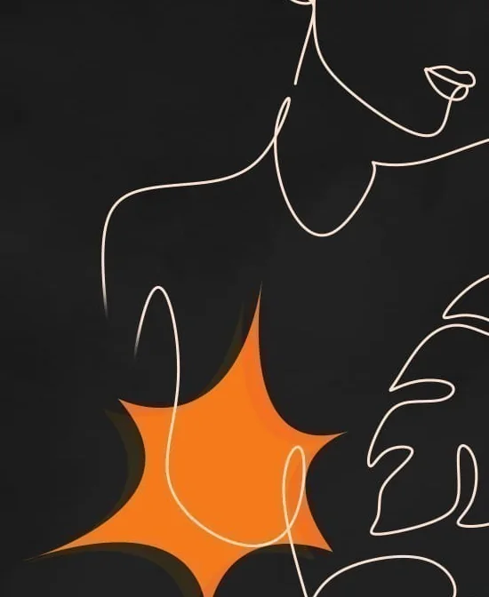 A single-line drawing of a woman's upper body and a monstera leaf, with an orange burst shape